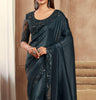 Shimmer Peacock Black Designer Embroidered Silk Wedding Party Wear Saree-Saira's Boutique