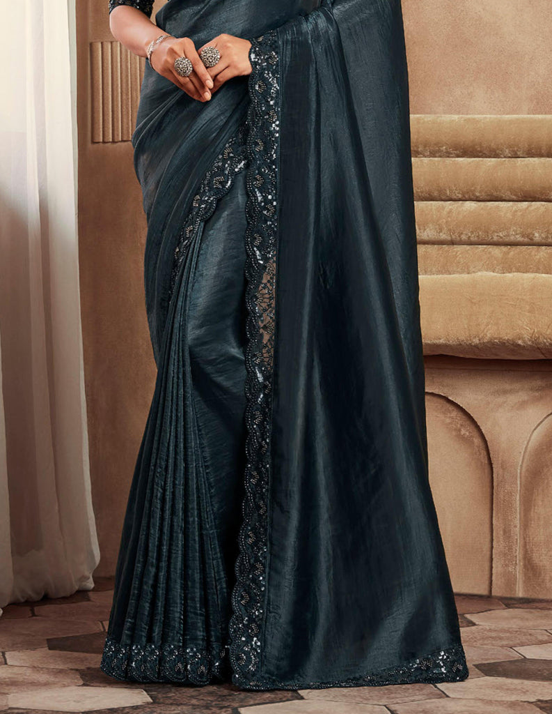 Shimmer Peacock Black Designer Embroidered Silk Wedding Party Wear Saree-Saira's Boutique