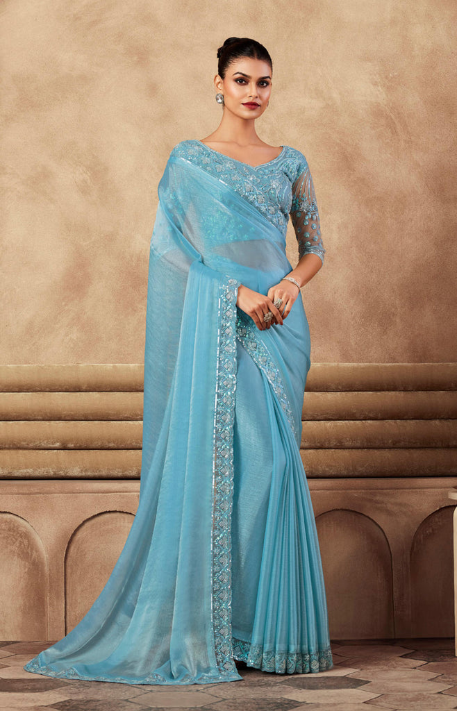 Sky Blue Designer Embroidered Silk Wedding Party Wear Saree-Saira's Boutique