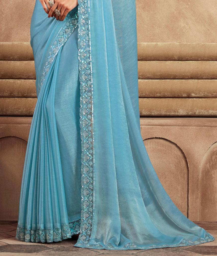 Sky Blue Designer Embroidered Silk Wedding Party Wear Saree-Saira's Boutique