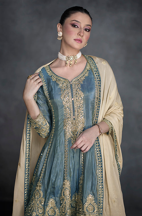 Slate Blue Designer Embroidered Organza Silk Anarkali Salwar Suit-Saira's Boutique