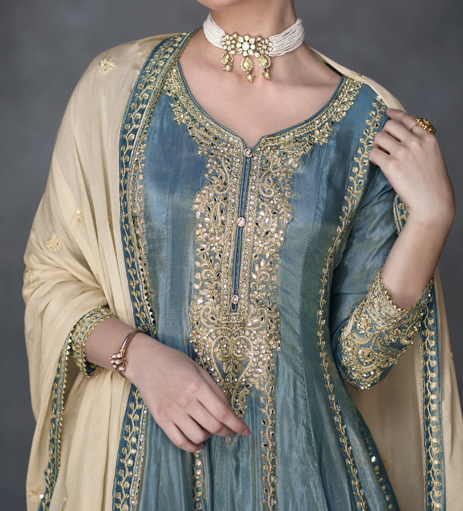 Slate Blue Designer Embroidered Organza Silk Anarkali Salwar Suit-Saira's Boutique