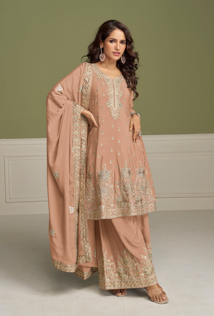 Taupe Designer Embroidered Party Wear Kurti Style Palazzo Suit