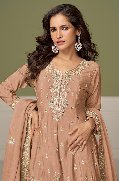 Taupe Designer Embroidered Party Wear Kurti Style Palazzo Suit