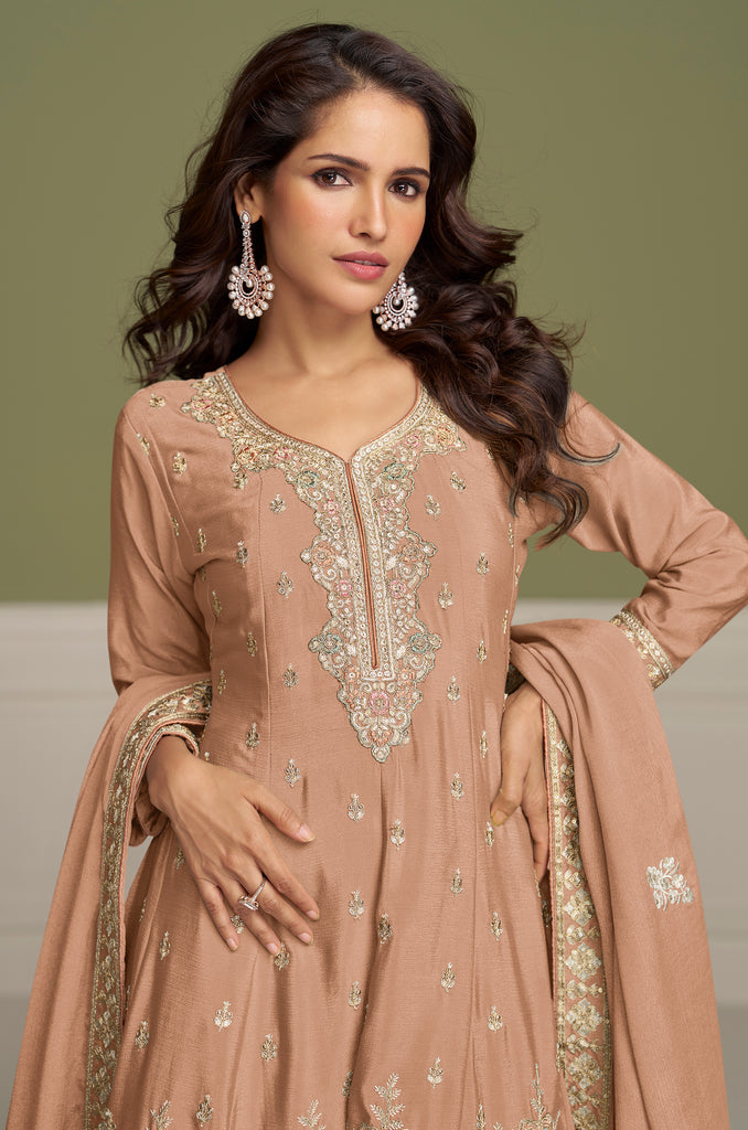 Taupe Designer Embroidered Party Wear Kurti Style Palazzo Suit