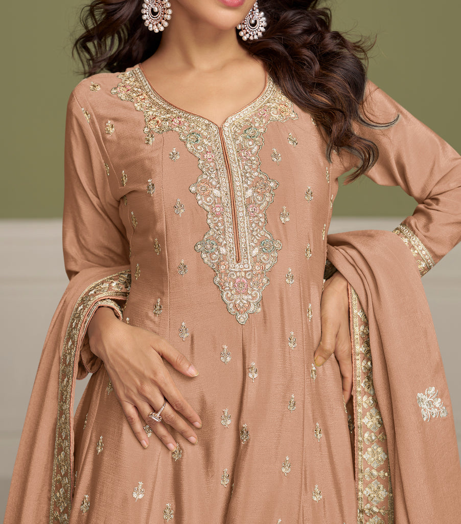 Taupe Designer Embroidered Party Wear Kurti Style Palazzo Suit