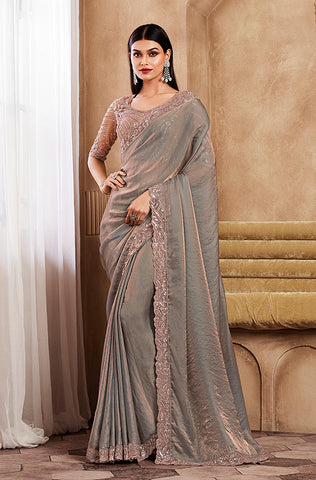 Mauve Designer Embroidered Silk Wedding Party Wear Saree