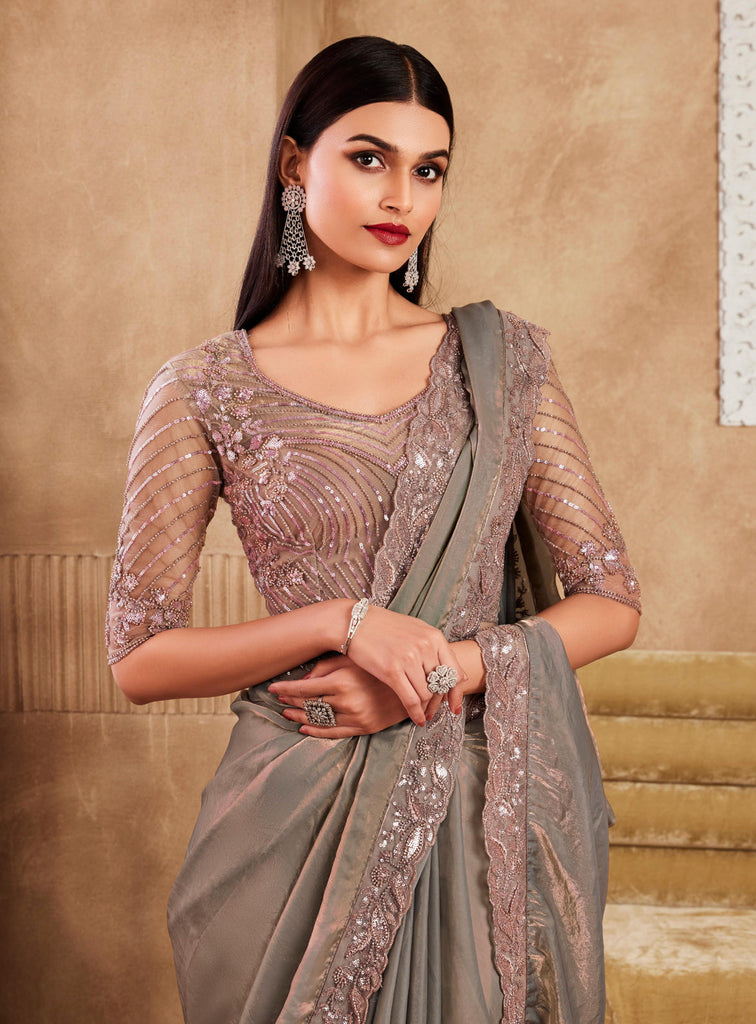 Taupe Designer Embroidered Silk Wedding Party Wear Saree-Saira's Boutique