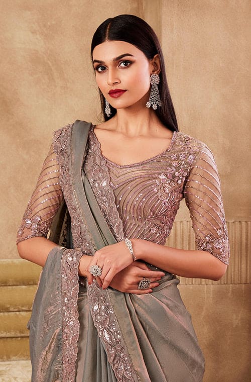 Taupe Designer Embroidered Silk Wedding Party Wear Saree-Saira's Boutique