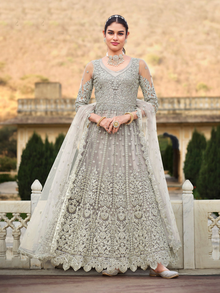 Taupe Designer Heavy Embroidered Wedding Anarkali Suit-Saira's Boutique