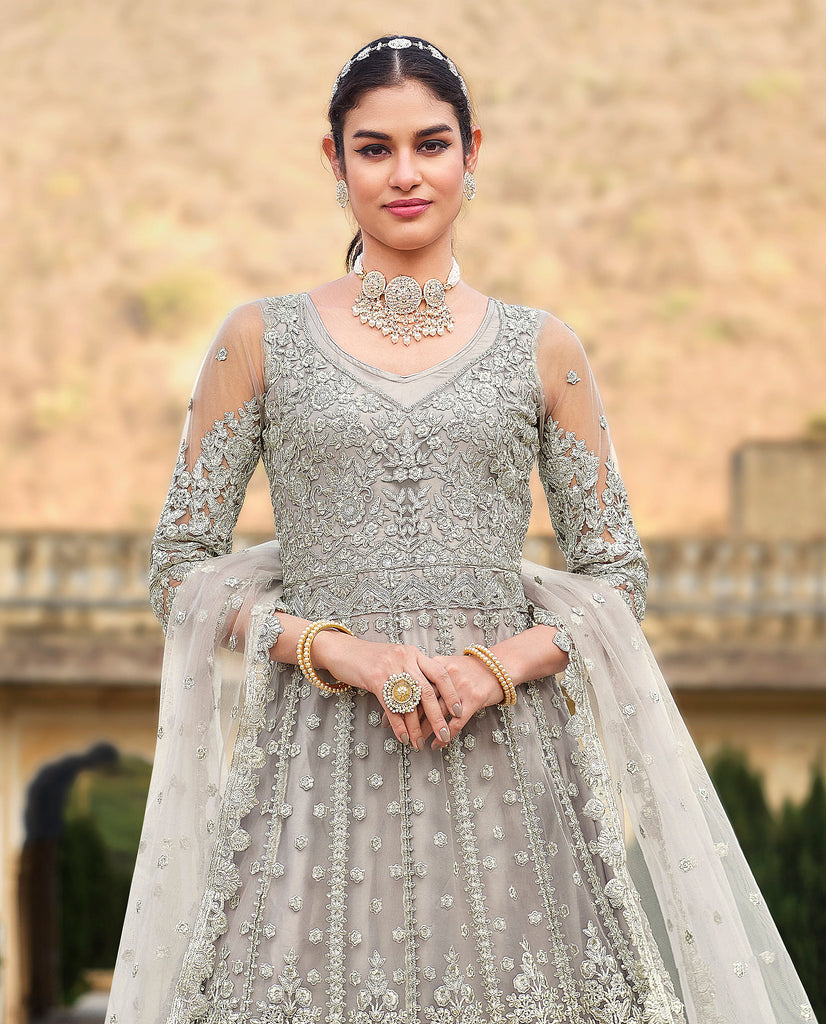 Taupe Designer Heavy Embroidered Wedding Anarkali Suit-Saira's Boutique