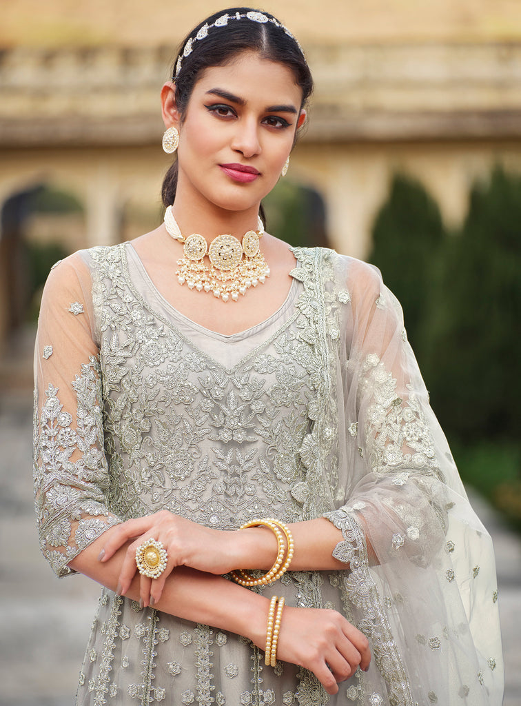 Taupe Designer Heavy Embroidered Wedding Anarkali Suit-Saira's Boutique