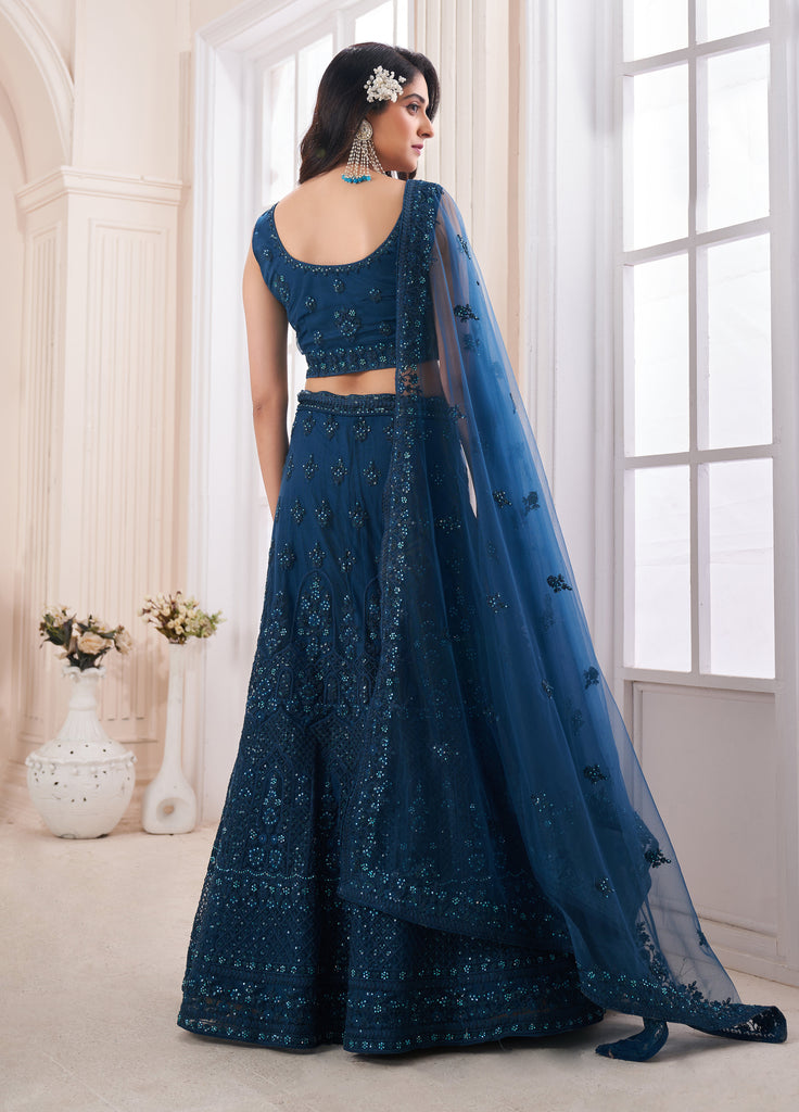 Teal Blue Designer Heavy Embroidered Net Bridal Lehenga-Saira's Boutique