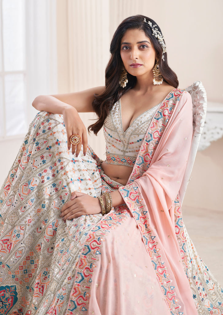 White Designer Heavy Embroidered Georgette Bridal Lehenga-Saira's Boutique