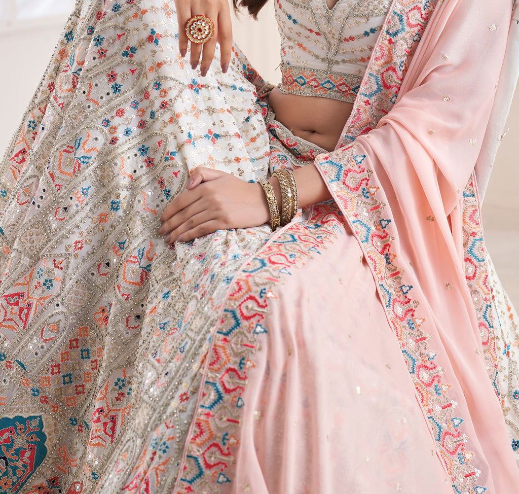 White Designer Heavy Embroidered Georgette Bridal Lehenga-Saira's Boutique