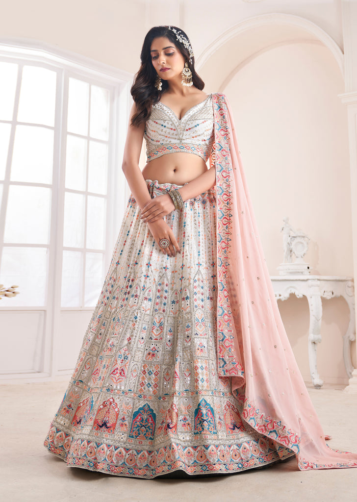 White Designer Heavy Embroidered Georgette Bridal Lehenga-Saira's Boutique