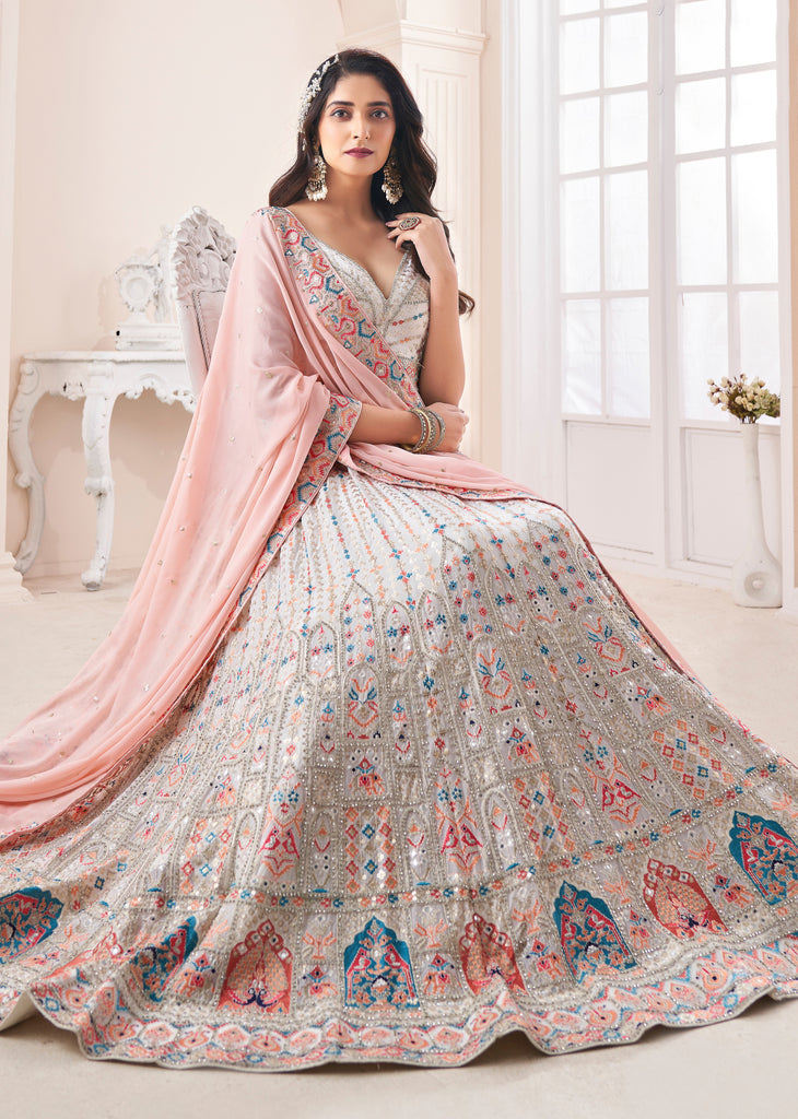 White Designer Heavy Embroidered Georgette Bridal Lehenga-Saira's Boutique