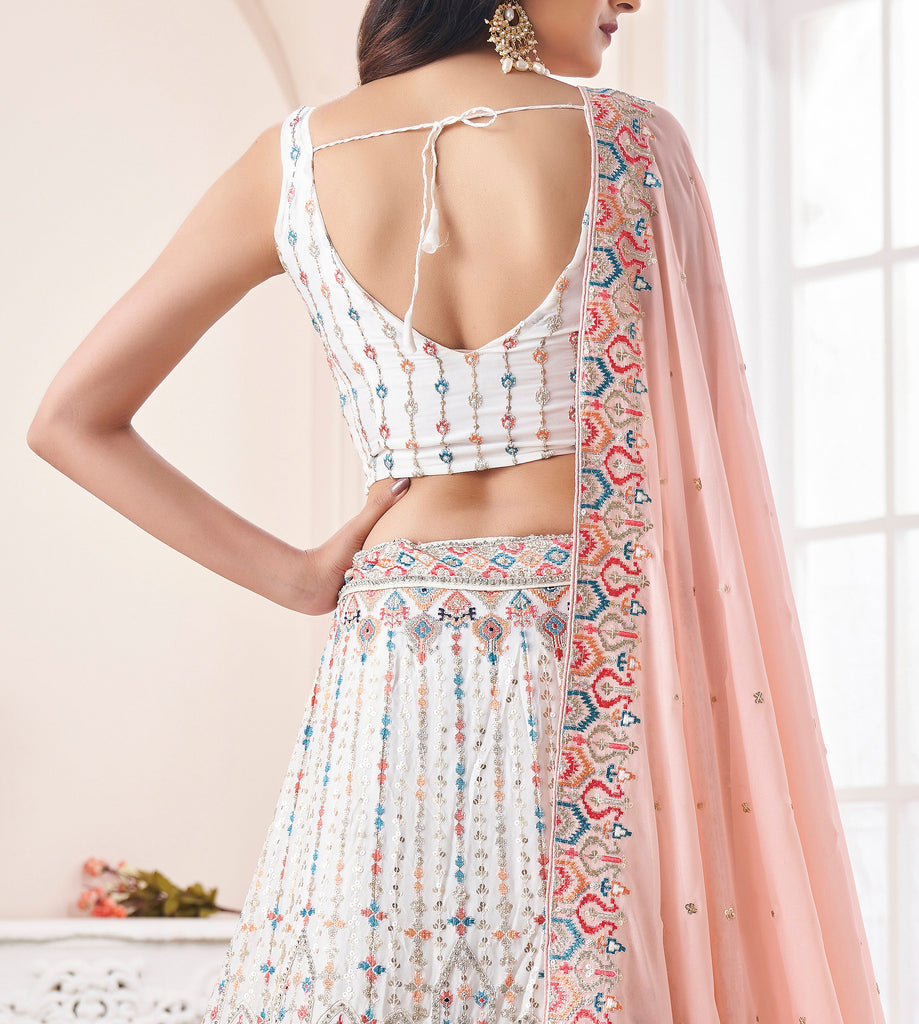 White Designer Heavy Embroidered Georgette Bridal Lehenga-Saira's Boutique