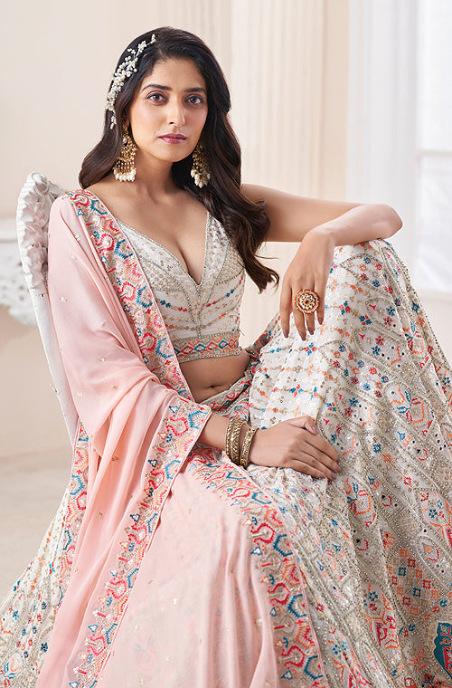 White Designer Heavy Embroidered Georgette Bridal Lehenga-Saira's Boutique