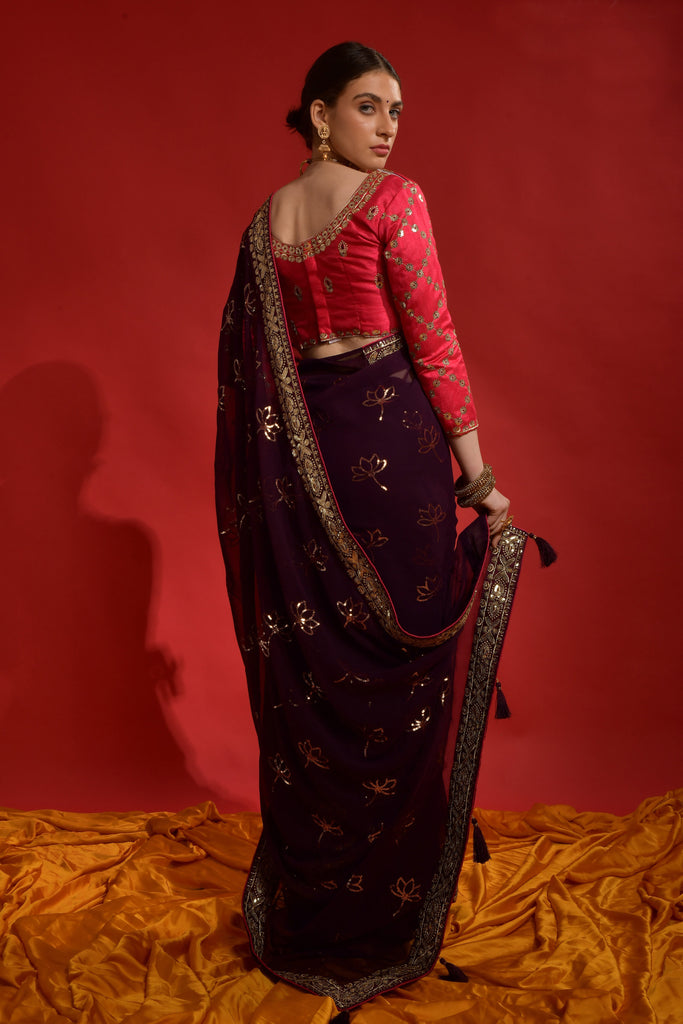 Wine & Red Designer Heavy Embroidered Georgette Wedding Saree-Saira's Boutique