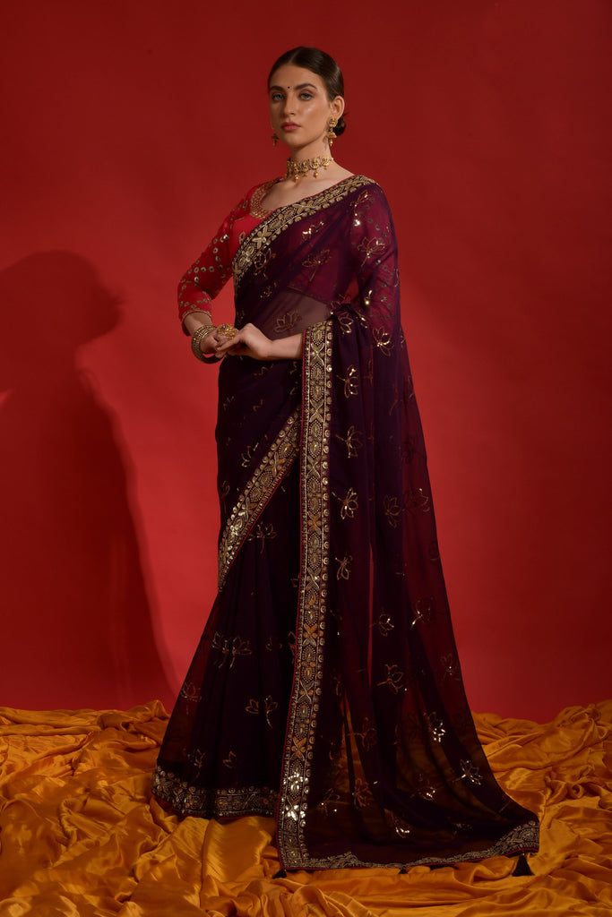 Wine & Red Designer Heavy Embroidered Georgette Wedding Saree-Saira's Boutique