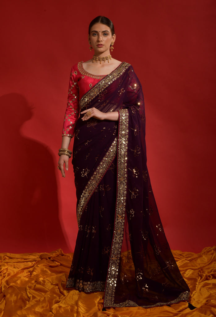 Wine & Red Designer Heavy Embroidered Georgette Wedding Saree-Saira's Boutique