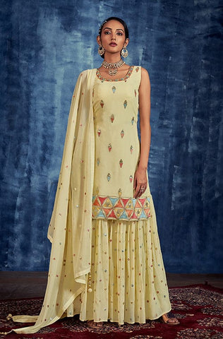 Pale Mustard Designer Embroidered Heavy Chinon Party Wear Sharara Suit