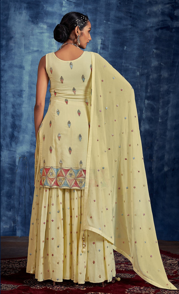 Yellow Designer Embroidered Georgette Party Wear Sharara Suit-Saira's Boutique