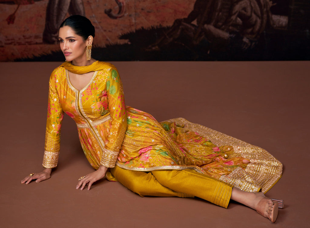 Yellow Designer Embroidered Pure Georgette Pant Style Anarkali Gown-Saira's Boutique
