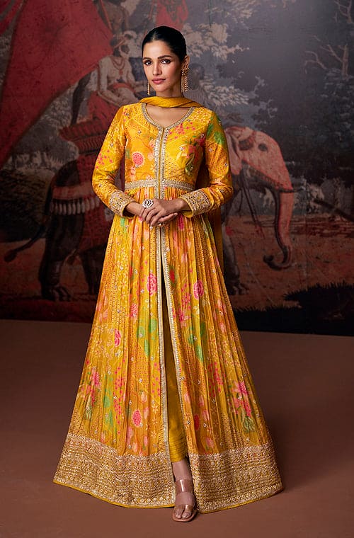 Fairy Look Mirror Work Yellow Color Anarkali Gown - Clothsvi