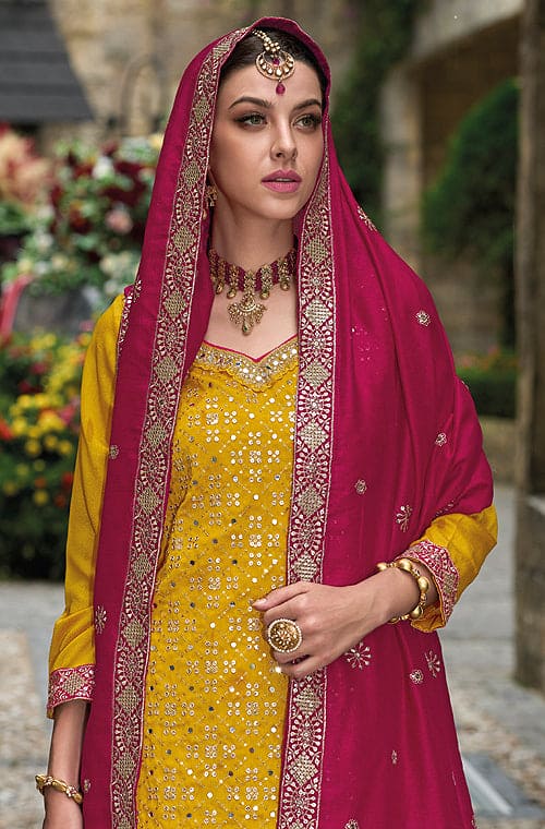 Yellow & Burgundy Designer Embroidered Silk Wedding Sharara Suit-Saira's Boutique