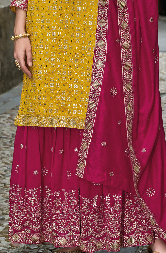 Yellow & Burgundy Designer Embroidered Silk Wedding Sharara Suit-Saira's Boutique