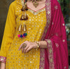 Yellow & Burgundy Designer Embroidered Silk Wedding Sharara Suit-Saira's Boutique