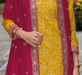 Yellow & Burgundy Designer Embroidered Silk Wedding Sharara Suit-Saira's Boutique