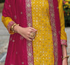 Yellow & Burgundy Designer Embroidered Silk Wedding Sharara Suit-Saira's Boutique