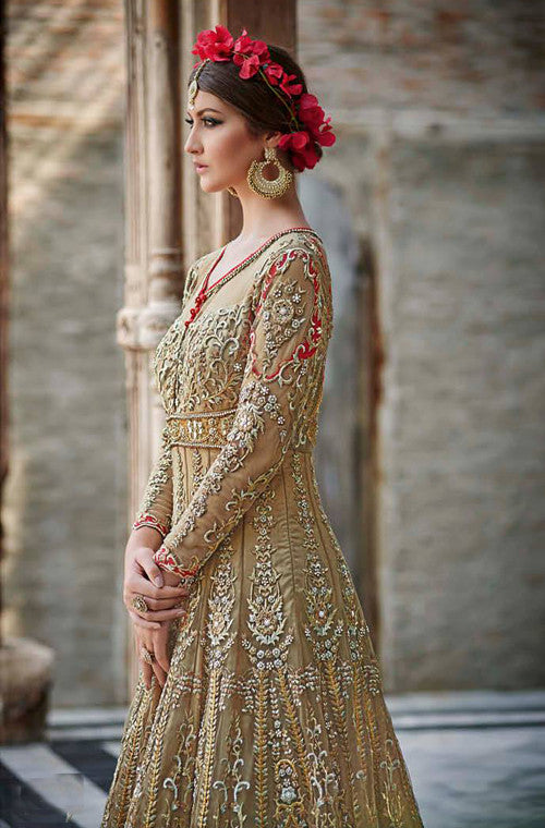 Gold Brown Designer Heavy Bridal Anarkali Suit-Saira's Boutique