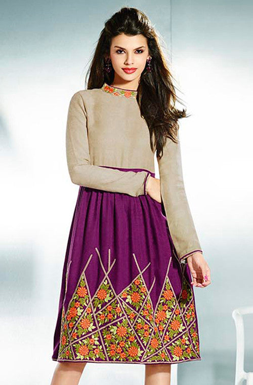 Beige & Purple Embroidered Pashmina Kurti-Saira's Boutique