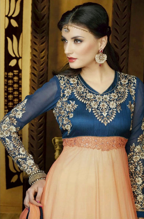 Orange & Blue Embroidered Designer Anarkali Suit-Saira's Boutique