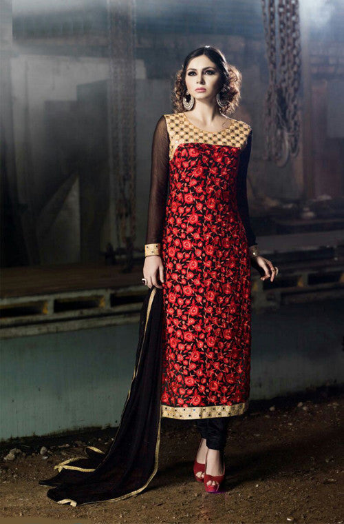 Crimson Red & Black Designer Embroidered Georgette Churidar Suit-Saira's Boutique