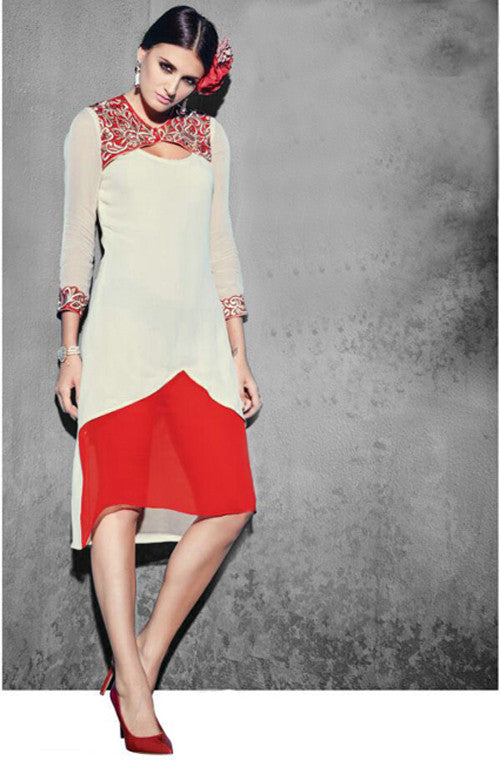 Red & White Georgette Designer Kurti-Saira's Boutique