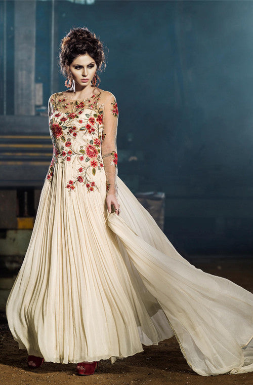Off White Designer Embroidered Floor Length Anarkali Suit-Saira's Boutique