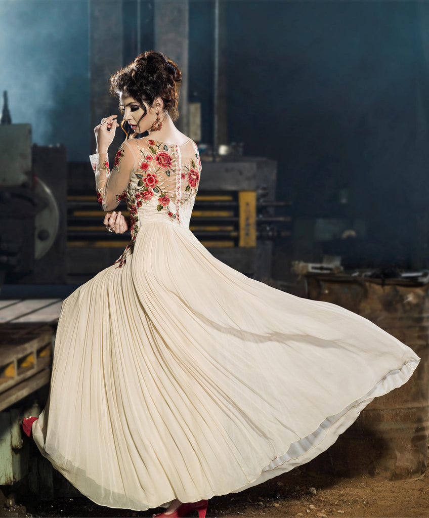 Off White Designer Embroidered Floor Length Anarkali Suit-Saira's Boutique