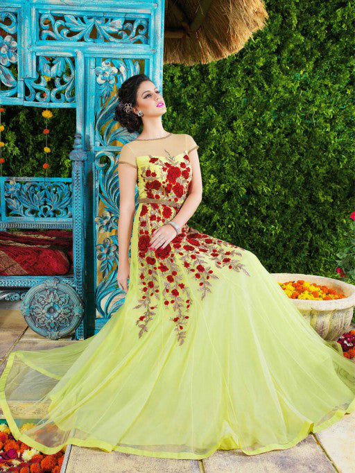 Light Green Designer Net Evening Gown-Saira's Boutique