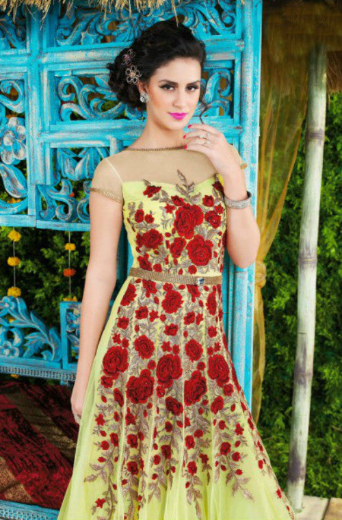 Light Green Designer Net Evening Gown-Saira's Boutique