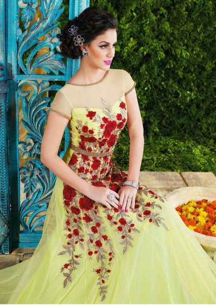 Light Green Designer Net Evening Gown-Saira's Boutique