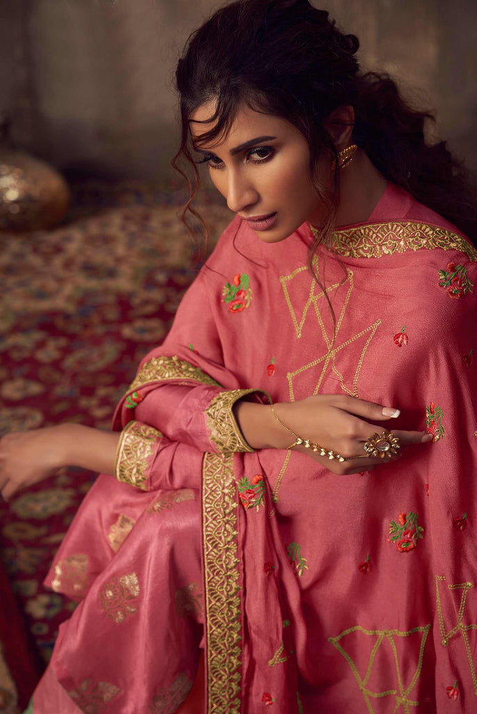Antique Pink Designer Embroidered Party Wear Palazzo Suit-Saira's Boutique