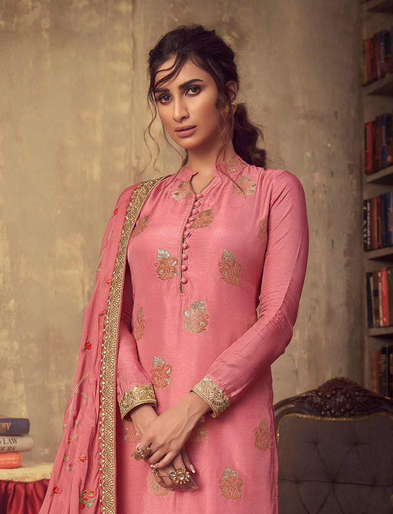 Antique Pink Designer Embroidered Party Wear Palazzo Suit-Saira's Boutique