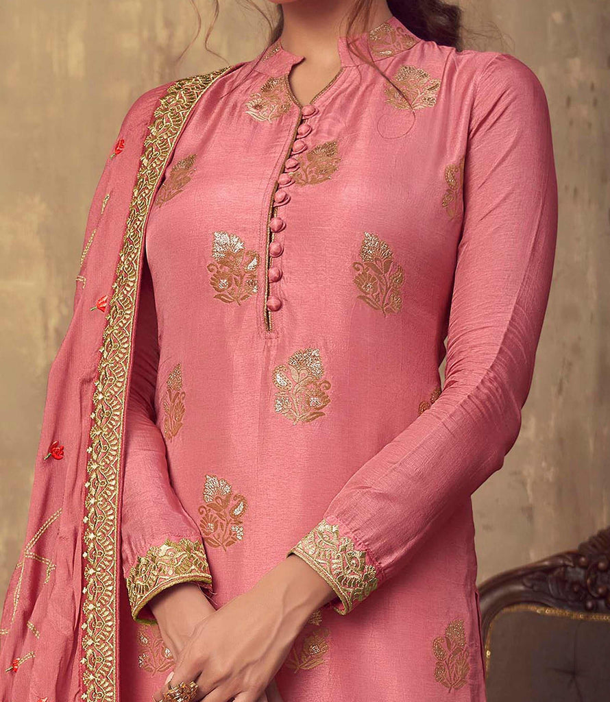 Antique Pink Designer Embroidered Party Wear Palazzo Suit-Saira's Boutique