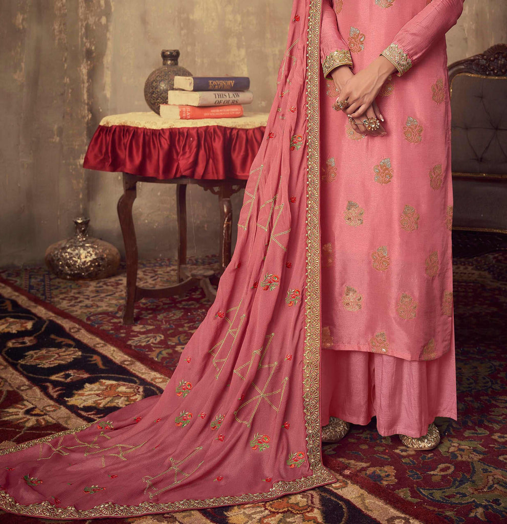 Antique Pink Designer Embroidered Party Wear Palazzo Suit-Saira's Boutique