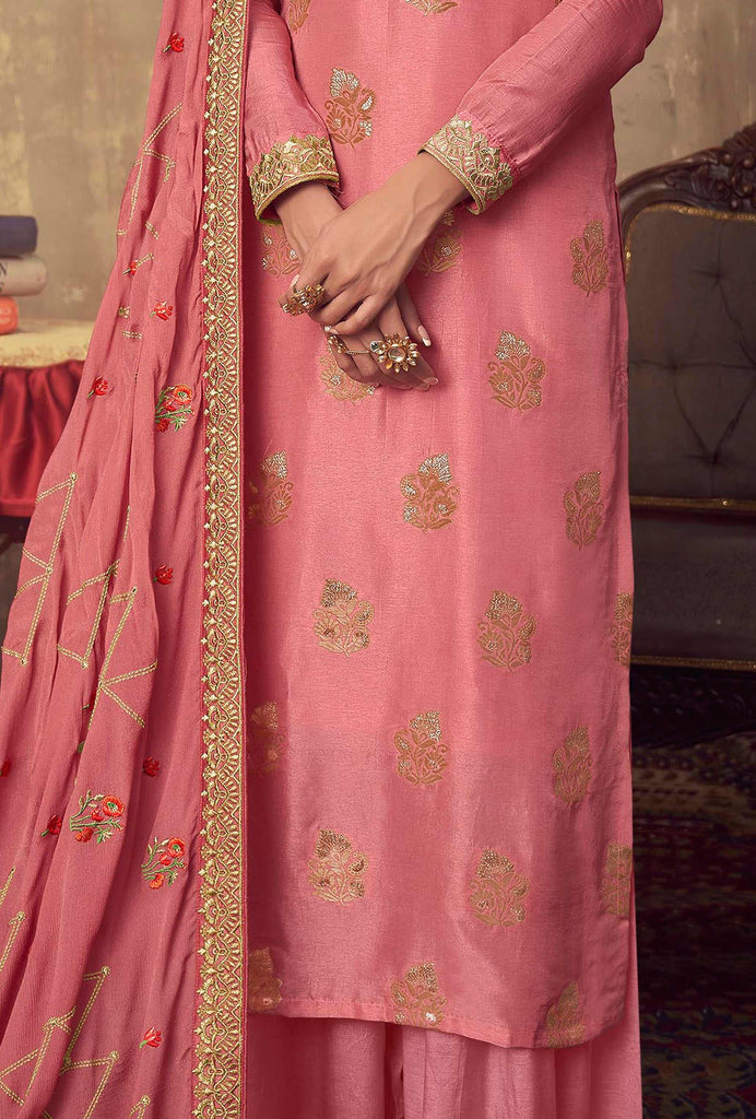 Antique Pink Designer Embroidered Party Wear Palazzo Suit-Saira's Boutique